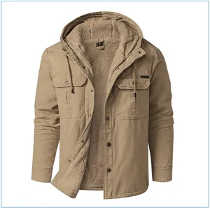 Detailed macro shot of a men's khaki hooded winter jacket with thick sherpa lining for warmth