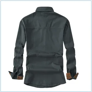 Full back view of dark grey men's cotton workwear shirt featuring brown corduroy cuffs.