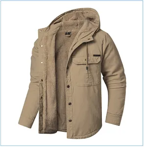 Detail view of a men's khaki sherpa-lined hooded jacket with warm fleece interior.