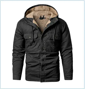 Front view of a men's black winter jacket with warm tan fleece lining and hood.