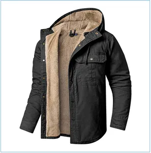 Detailed view of men's black hooded jacket featuring thick and warm sherpa fleece lining.