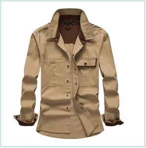 Close-up of men's khaki cotton cargo shirt with brown corduroy collar and chest pockets