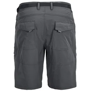 Men's dark grey quick-dry cargo shorts featuring multiple pockets and an adjustable belt