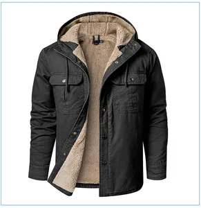 Detailed view of men's black winter hooded jacket featuring thick beige fleece lining
