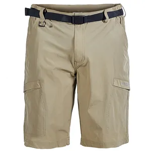 High-performance men's multi-pocket quick-dry cargo shorts in khaki with black belt.