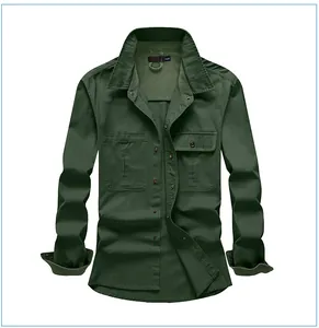 Front view of army green men's long-sleeve corduroy workwear shirt with dual chest pockets