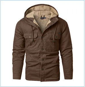 Close-up detail of a brown hooded jacket with warm sherpa lining and chest pockets.