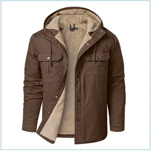 Detail view of brown men's Sherpa-lined hooded jacket showing warm fleece interior texture.