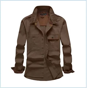 Close-up of brown cotton cargo shirt featuring corduroy collar lining and chest pockets.