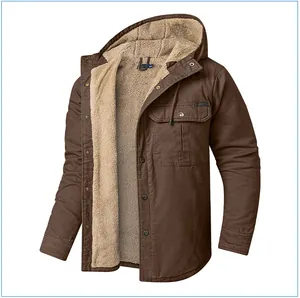 Detail view of a brown men's hooded jacket with a thick warm cream-colored sherpa fleece lining