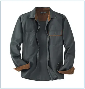 Detailed view of men's cotton work shirt with brown corduroy accents on collar and cuffs