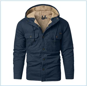 Heavyweight men's navy blue hooded jacket with soft beige sherpa fleece lining.