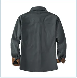 Rear view of men's dark grey cotton work shirt with contrast corduroy cuffs