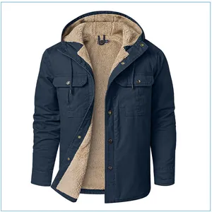 Mens heavy navy blue hooded jacket with warm sherpa fleece lining and chest pockets