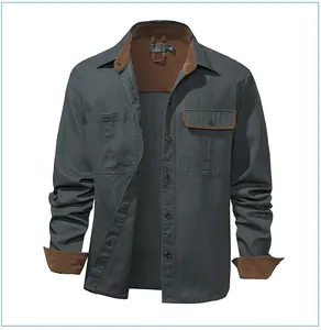Detailed view of grey men's cotton workwear shirt featuring brown corduroy collar and cuffs