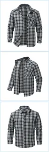 Detailansichten eines schwarz-weißen Flanellhemdes für Herren mit Western-Perlknöpfen.
