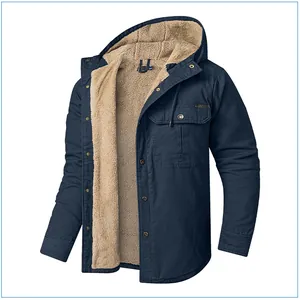 Close-up of navy blue men's winter jacket with warm sherpa fleece lining.