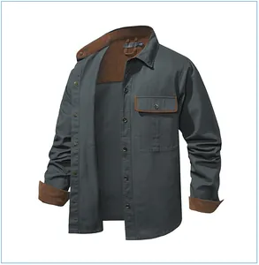 Men's cotton workwear shirt with contrast brown corduroy collar and cuffs in dark gray