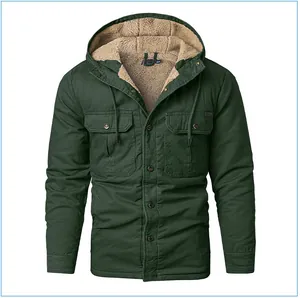 Detailed front view of men's dark green hooded jacket with warm sherpa fleece lining