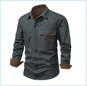 Detailed view of men's cotton work shirt with corduroy contrast collar and cuffs