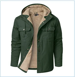 Detailed view of dark green men's sherpa-lined hooded winter jacket with thick fleece