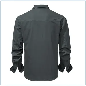 Back view of a men's heavy cotton long-sleeve work shirt in professional charcoal grey