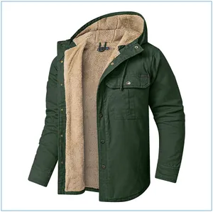 Macro view of soft sherpa fleece lining inside the heavy green hooded jacket for men.