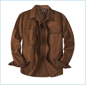 Detail view of a men's brown corduroy shirt featuring a rugged workwear design