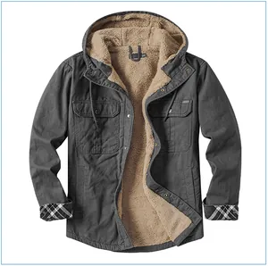 Detailed view of a men's dark grey hooded jacket with thick sherpa lining and plaid cuffs