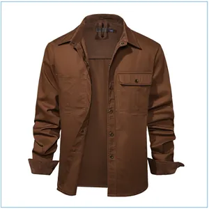 Detailed view of men's brown cotton work shirt with corduroy contrast collar and cuffs
