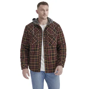 Men Plaid Hooded Jacket Fleece Lined Heavyweight Shirt Jacket Warm Winter Outerwear Casual Top With Elbow Patches