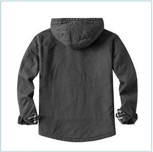 Detailed back view of men's dark grey hooded fleece jacket featuring plaid cuff lining
