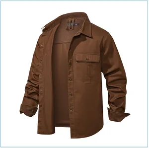 Detail view of a brown men's cotton workwear shirt with corduroy lapel and chest pocket