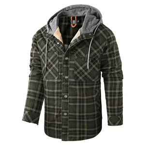 Giacca camicia di flanella scozzese con cappuccio da uomo con fodera in pile calda