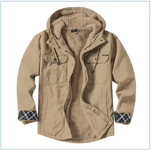Close-up detail of a khaki jacket showing warm sherpa lining and stylish plaid cuffs