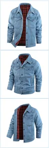 Giacca trucker in denim da uomo con fodera in flanella scozzese rossa in tre angoli.