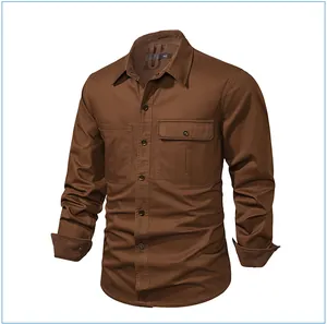 Detail of men's brown workwear shirt featuring corduroy collar and chest pockets
