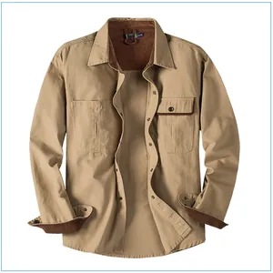 Close-up of men's khaki cargo shirt with brown corduroy contrast collar and cuffs.