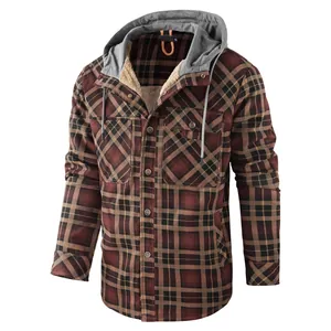 Giacca da uomo in flanella a quadri con cappuccio e fodera in sherpa per l'inverno freddo