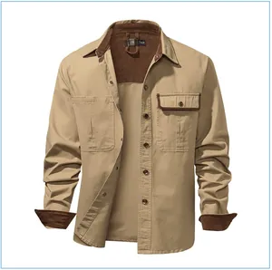 Detail view of khaki cotton work shirt featuring corduroy contrast collar and inner lining