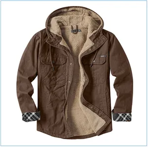 Front view of men's brown hooded shirt jacket with warm cream Sherpa fleece lining for winter