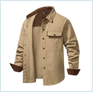 Detail view of men's khaki cotton work shirt with brown corduroy collar and cuffs