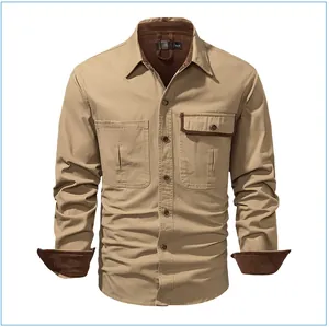 Front view of khaki men's workwear shirt with corduroy collar and pocket details