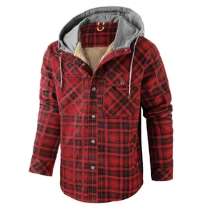 Camicia con cappuccio a quadri da uomo con calda fodera in pile per l'inverno freddo.