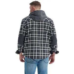 Professional men's hooded plaid shirt jacket in black and white with reinforced elbow patches