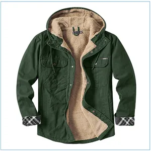 Detail view of men's green sherpa-lined hooded jacket with warm fleece lining