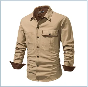 Detail of men's khaki cotton workwear shirt featuring brown corduroy trim and pockets