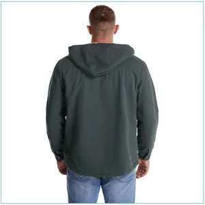 Detailed back view of men's charcoal grey hooded winter jacket with fleece lining