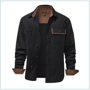 Men's loose black cotton workwear shirt with brown corduroy collar and cuffs detail.