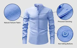Détails de la chemise bleue pour homme à col officier, aspect lin et coutures fines